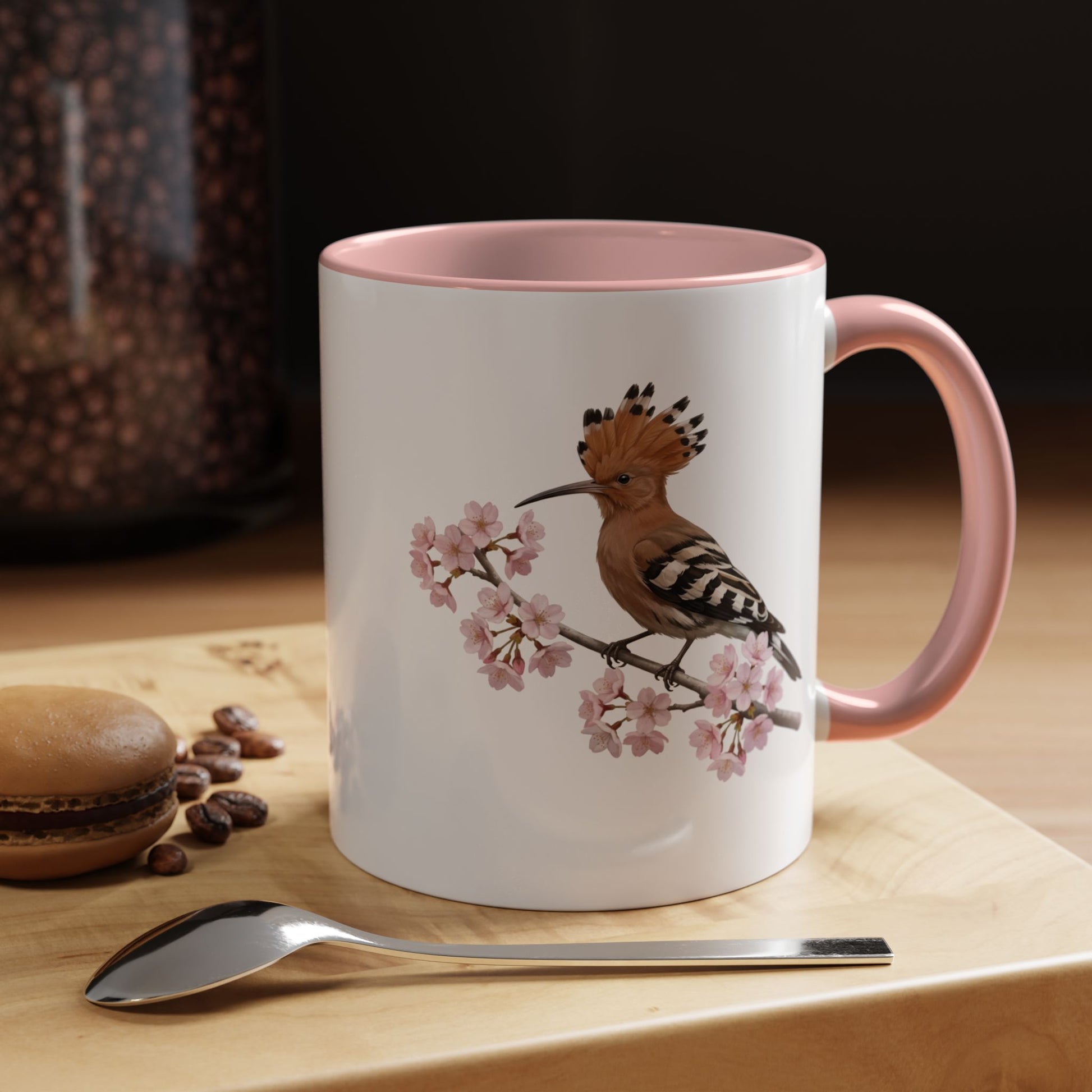 Hoopoe Cherry Blossom Mug | Pink Ceramic Coffee Cup for Bird Lovers on 11oz background