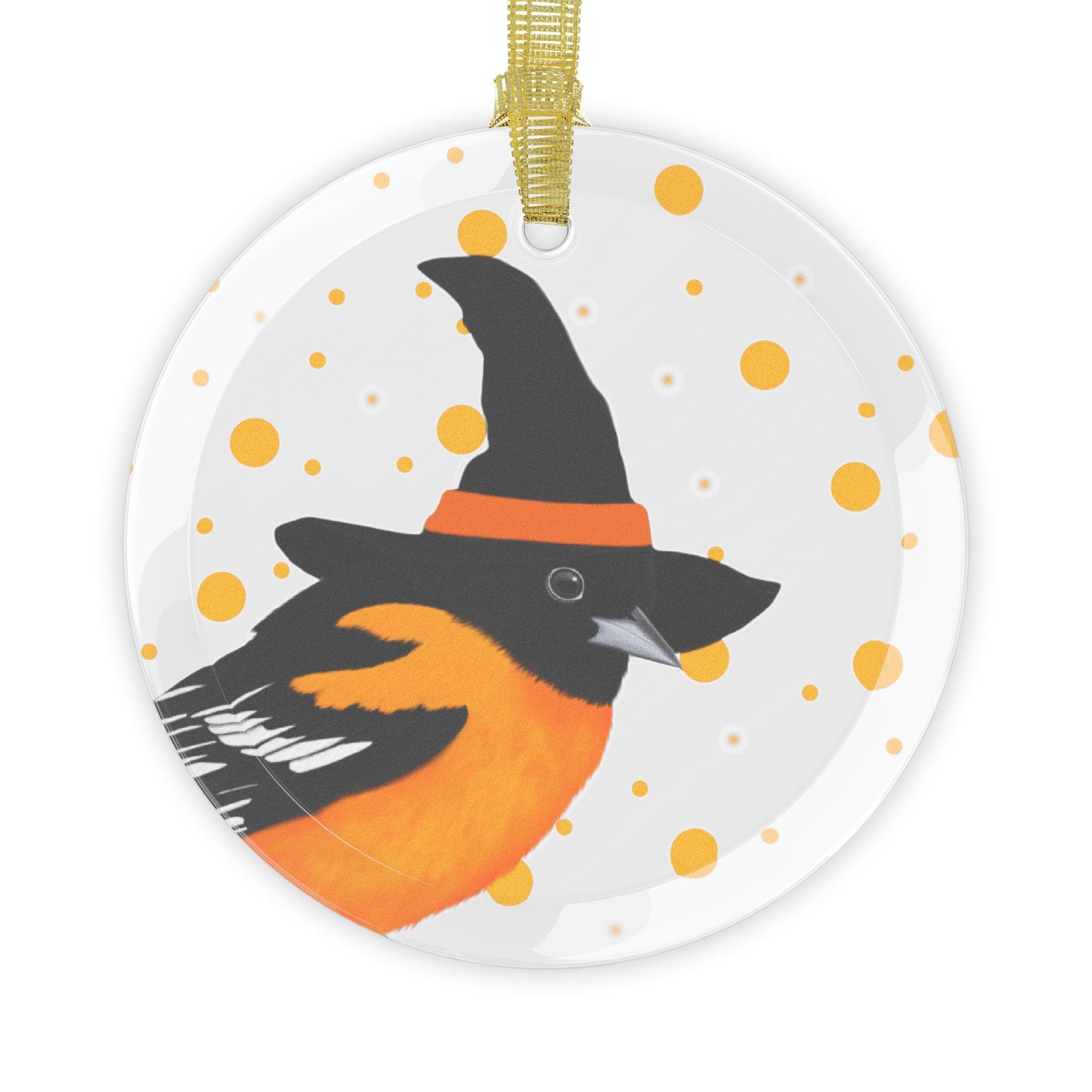 Baltimore Oriole with Witch Hat Halloween Bird Glass Ornament