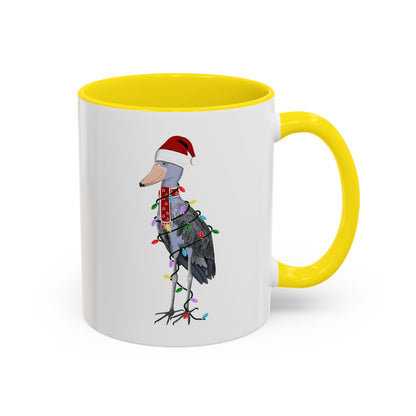 サンタクロースのハシビロコウとフェアリーライトの陶器製バードコーヒーマグ – バードウォッチャーへのカスタムギフト