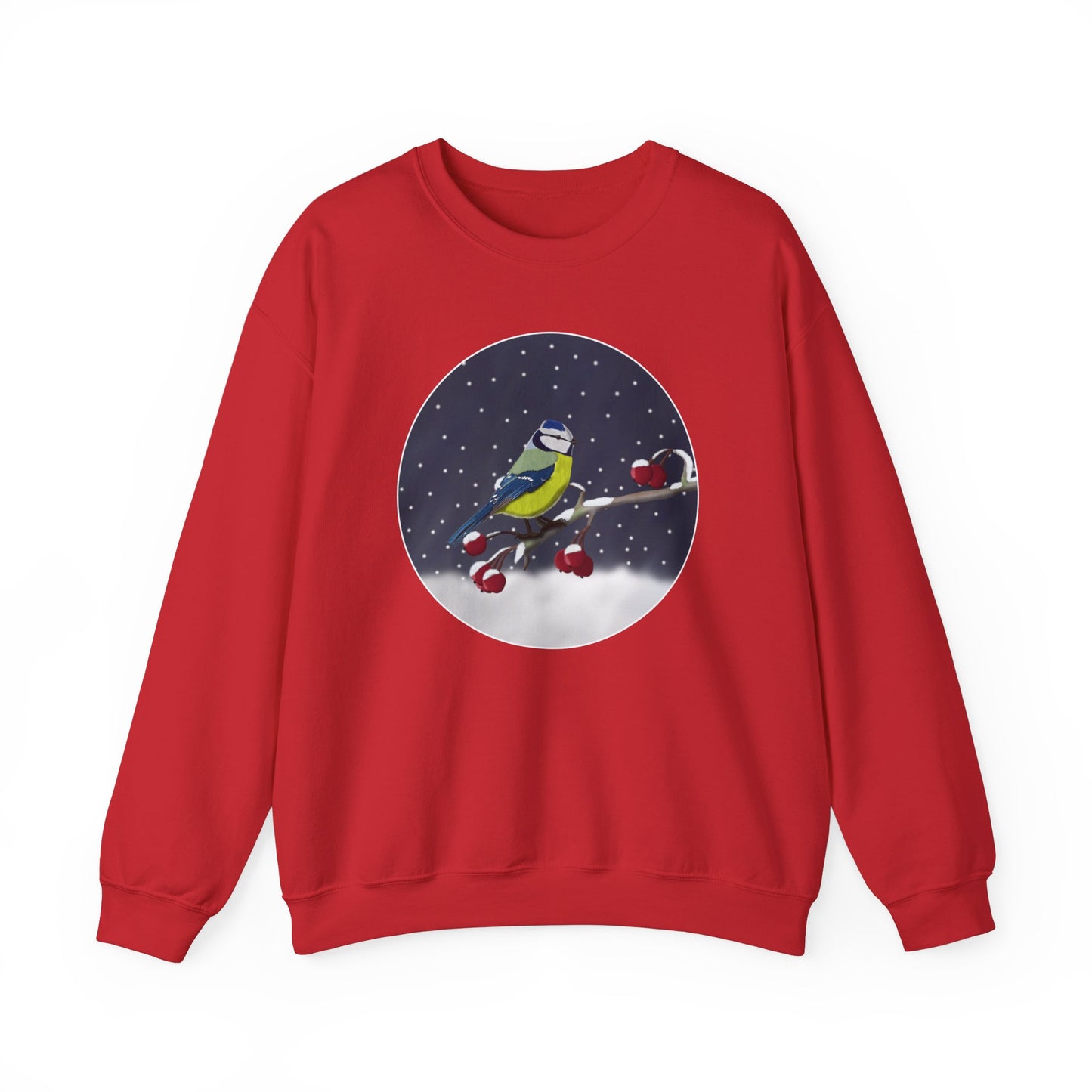 Blue Titmouse on a Winter Branch Birdwatcher Christmas Bird Sweatshirt