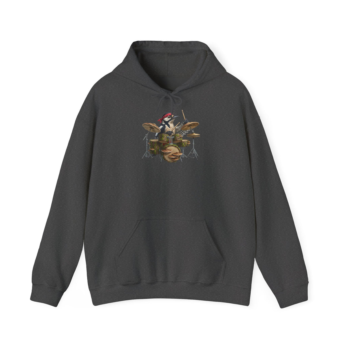 Grauer Buntspecht Hoodie für Damen und Herren mit gemaltem Vogel-Motiv am Schlagzeug (Sigi Specht / Drummer) – Musik Kapuzenpullover