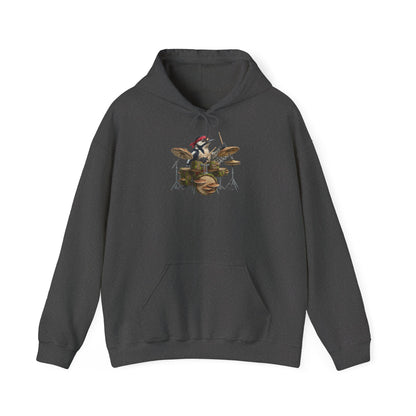 Grauer Buntspecht Hoodie für Damen und Herren mit gemaltem Vogel-Motiv am Schlagzeug (Sigi Specht / Drummer) – Musik Kapuzenpullover