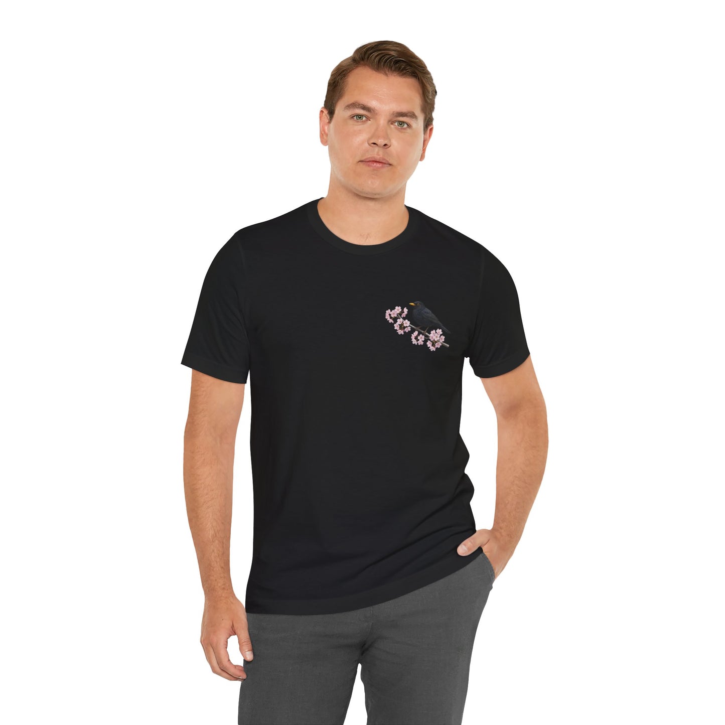 Amsel T-Shirt mit Kirschblüten | Florales Vogelmotiv für Vogelfreunde – bird graphic tee, Vogel
