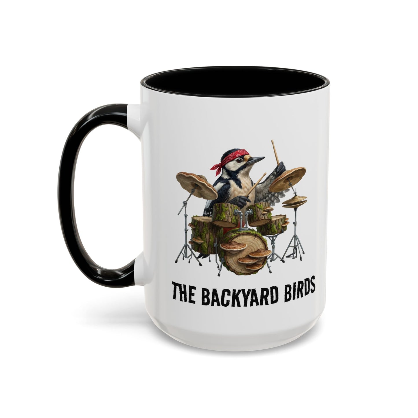 Woodbarker Drummer Mug – Funny Woodpecker Bird Gift – Heavy Metal Drumming Cup – Percussionist & Nature Lover Present