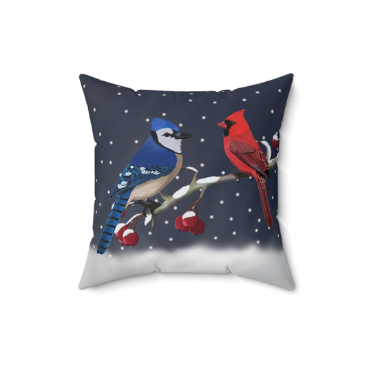 Blue Jay and Cardinal on a Winter Branch Christmas Bird Pillow