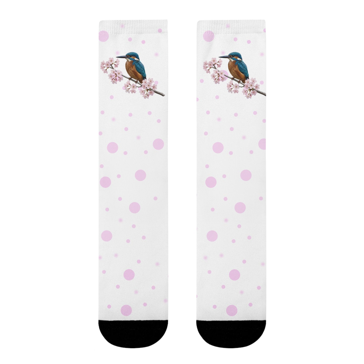 Eisvogel Socken mit Kirschblüten | Weiß Rosa gepunktete Vogelmotiv Strümpfe