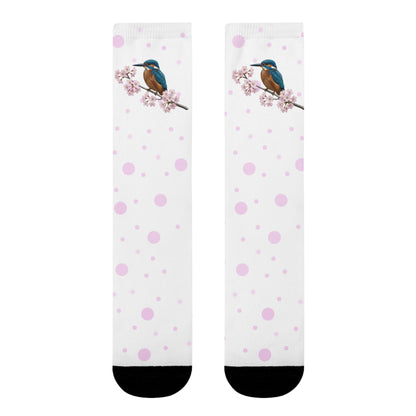 Eisvogel Socken mit Kirschblüten | Weiß Rosa gepunktete Vogelmotiv Strümpfe
