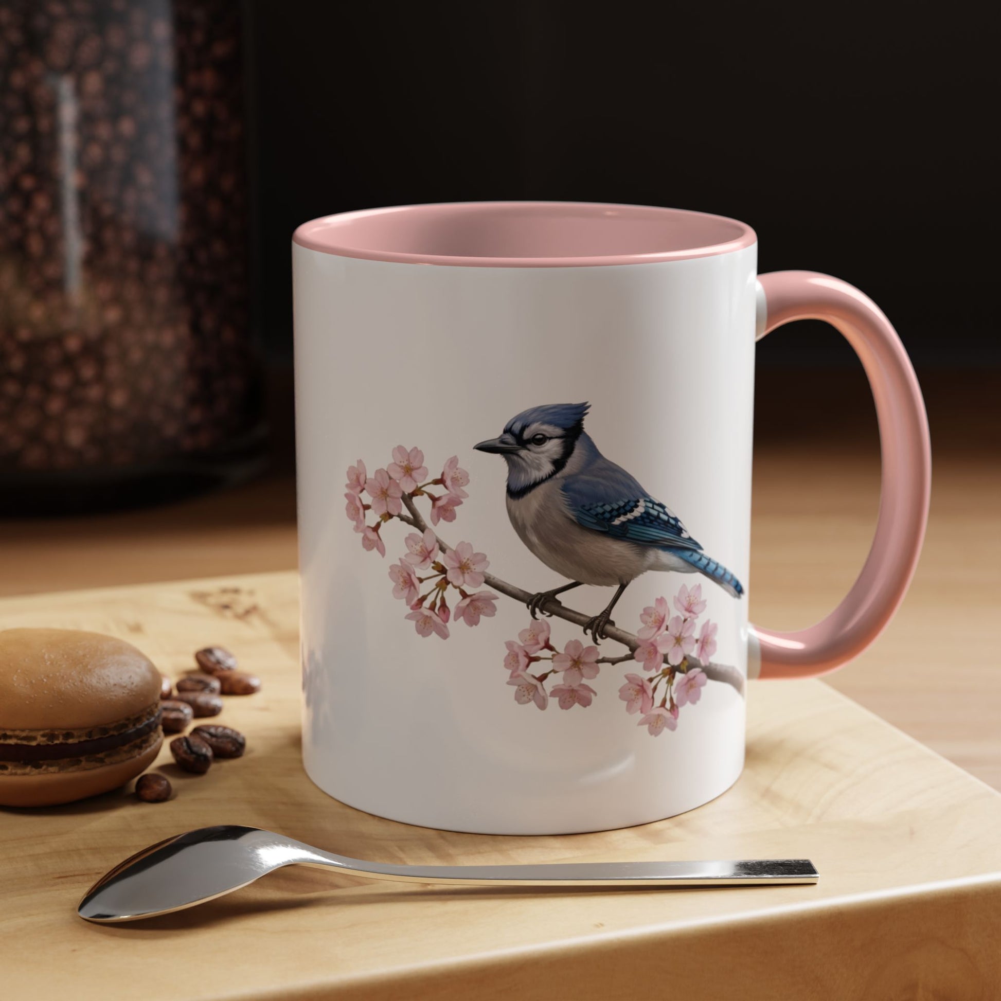 Blauhäher Tasse mit Kirschblüten | Rosa Keramiktasse für Vogelfreunde – Accent Coffee Mug,