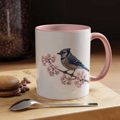 Blauhäher Tasse mit Kirschblüten | Rosa Keramiktasse für Vogelfreunde – Accent Coffee Mug,