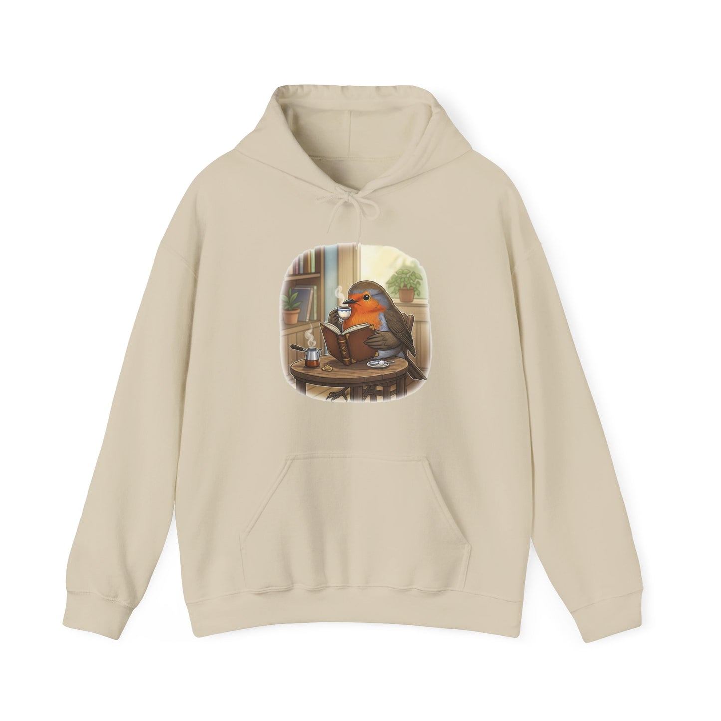 Rotkehlchen liest Bücher und trinkt Kaffee Vogel Hoodie - Kapuzenpullover für Vogelbeobachter mit Vogelmotiv