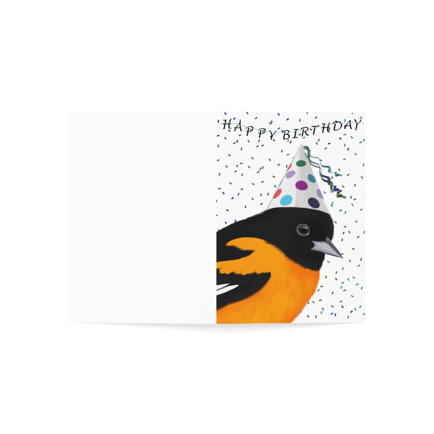 Baltimore Oriole with Party Hat Birthday Card – Premium Matte Bird Greeting Card