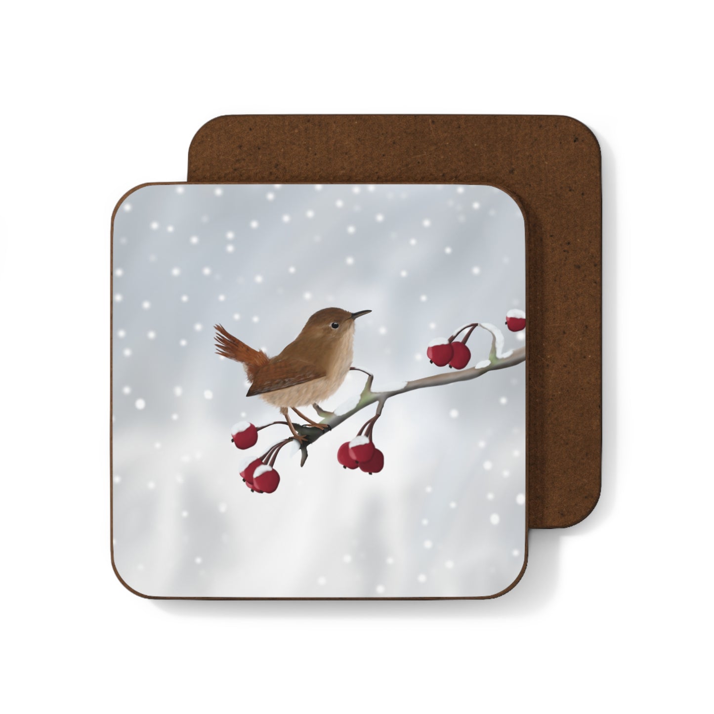 Wren on a Winter Branch Christmas Bird Hardboard Coaster