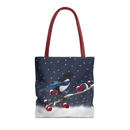 Magpie on a Winter Branch Christmas Bird Tote Bag 16"x16"