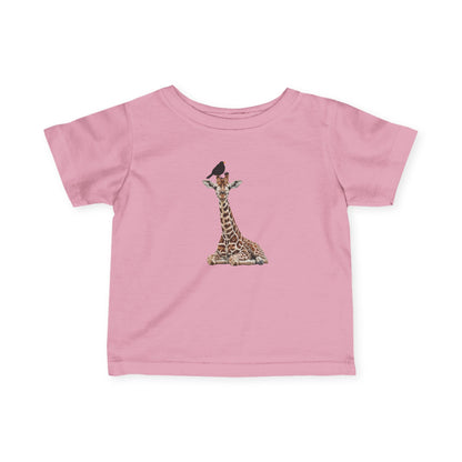 Süße Baby Giraffe mit Amsel Vogel Tiermotiv T-Shirt für Babys und Kleinkinder