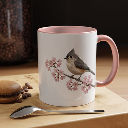Tufted Titmouse Cherry Blossom Mug | Pink Ceramic Coffee Cup for Bird Lovers