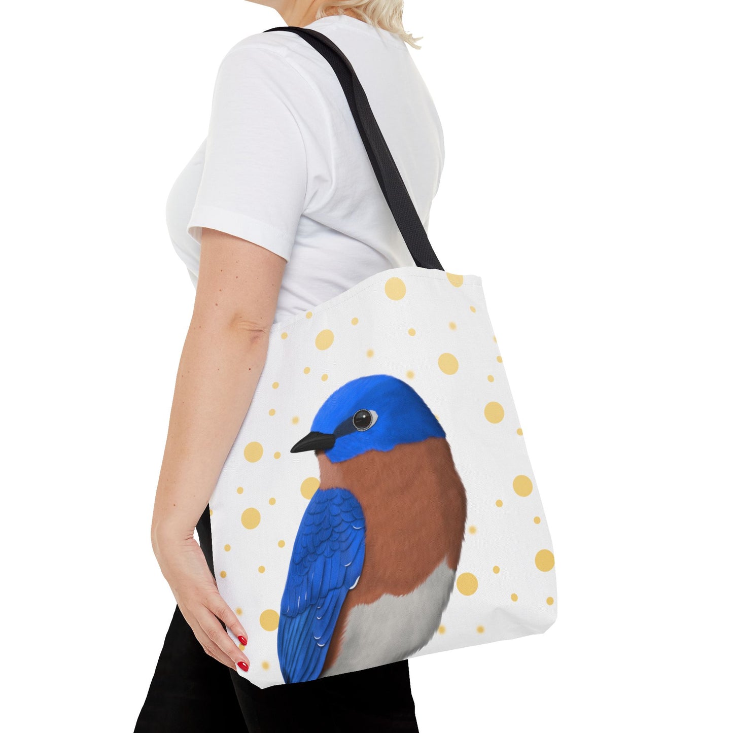 Bluebird Golden Dots Bird Tote Bag 16"x16" White