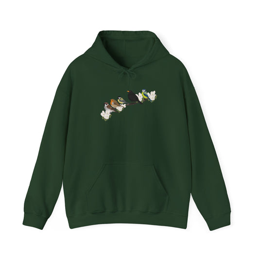 Vögel auf einem Ast Hoodie - Amsel Rotkehlchen Kohlmeise Spatz Kapuzenpullover für Vogelbeobachter & Naturliebhaber