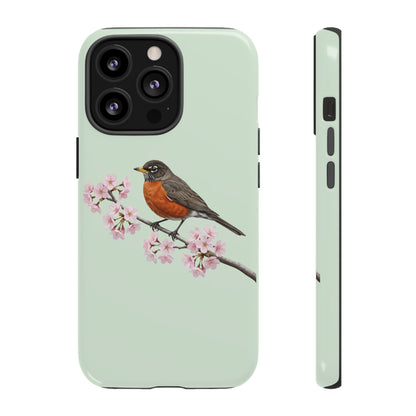 Wanderdrossel Handyhülle in Salbeigrün | Florales Kirschblüten Vogel-Motiv für iPhone & Google Pixel