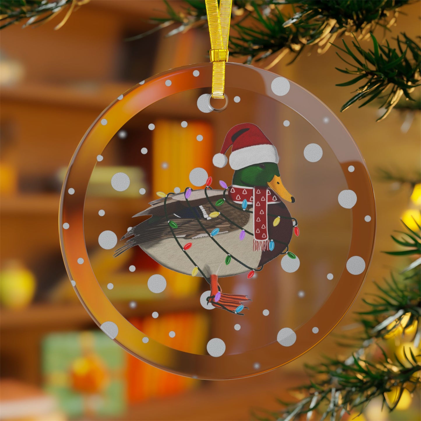 Mallard as Santa Claus with Fairy Lights Christmas Glass Ornament