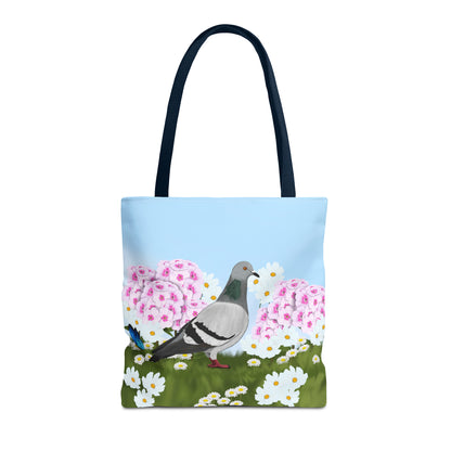 Pigeon in Summer Flowers Bird Tote Bag 16"x16"