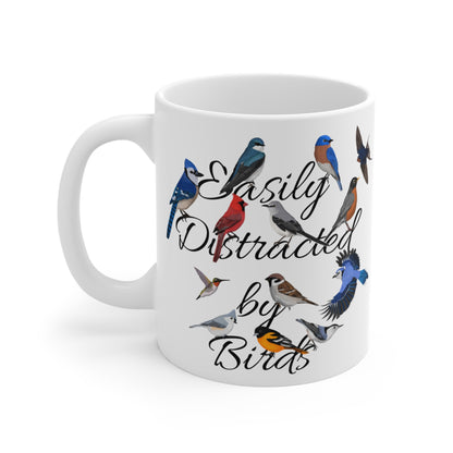 Easily Distracted by Birds Robin Blue Jay Cardinal Backyard Birds Ceramic Mug White