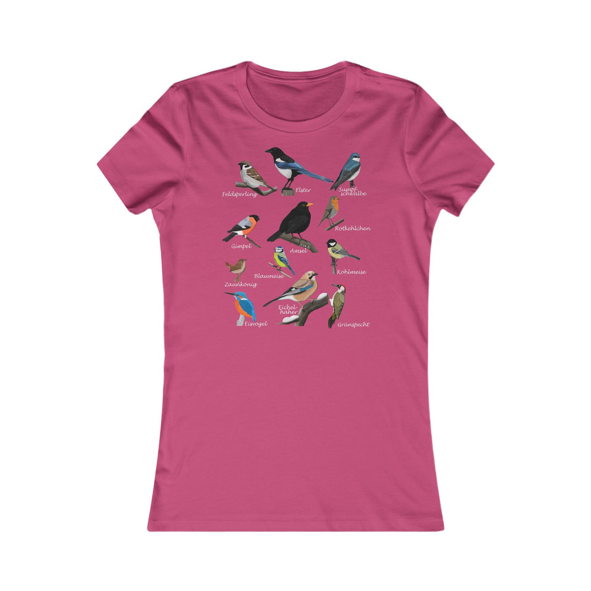 Rotkehlchen, Blaumeise und Amsel Frauen T-Shirt mit Bird Graphic Tee Hintergrund