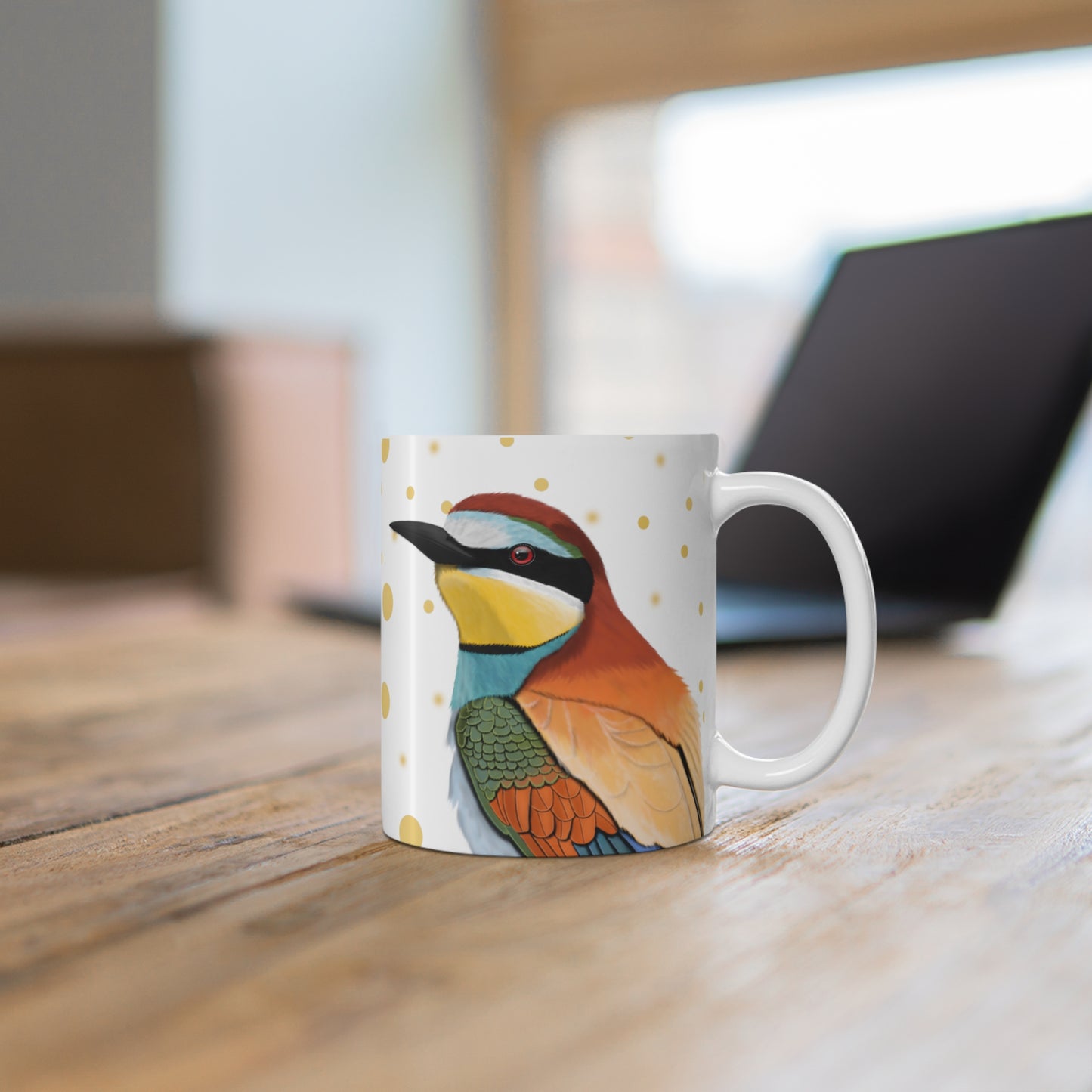 Bee-Eater Bird Ceramic Mug White Golden Dots 11oz