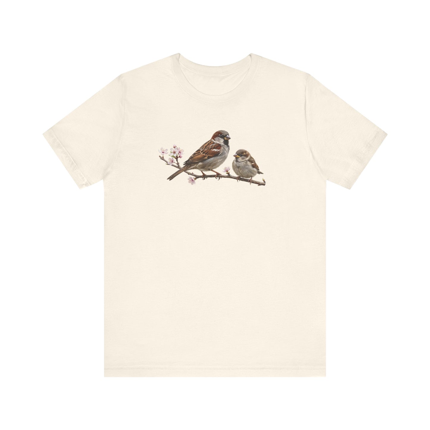 Tree Sparrow & Fledgling T-Shirt | Spring Blossoms Unisex Graphic Tee