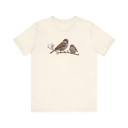 Tree Sparrow & Fledgling T-Shirt | Spring Blossoms Unisex Graphic Tee