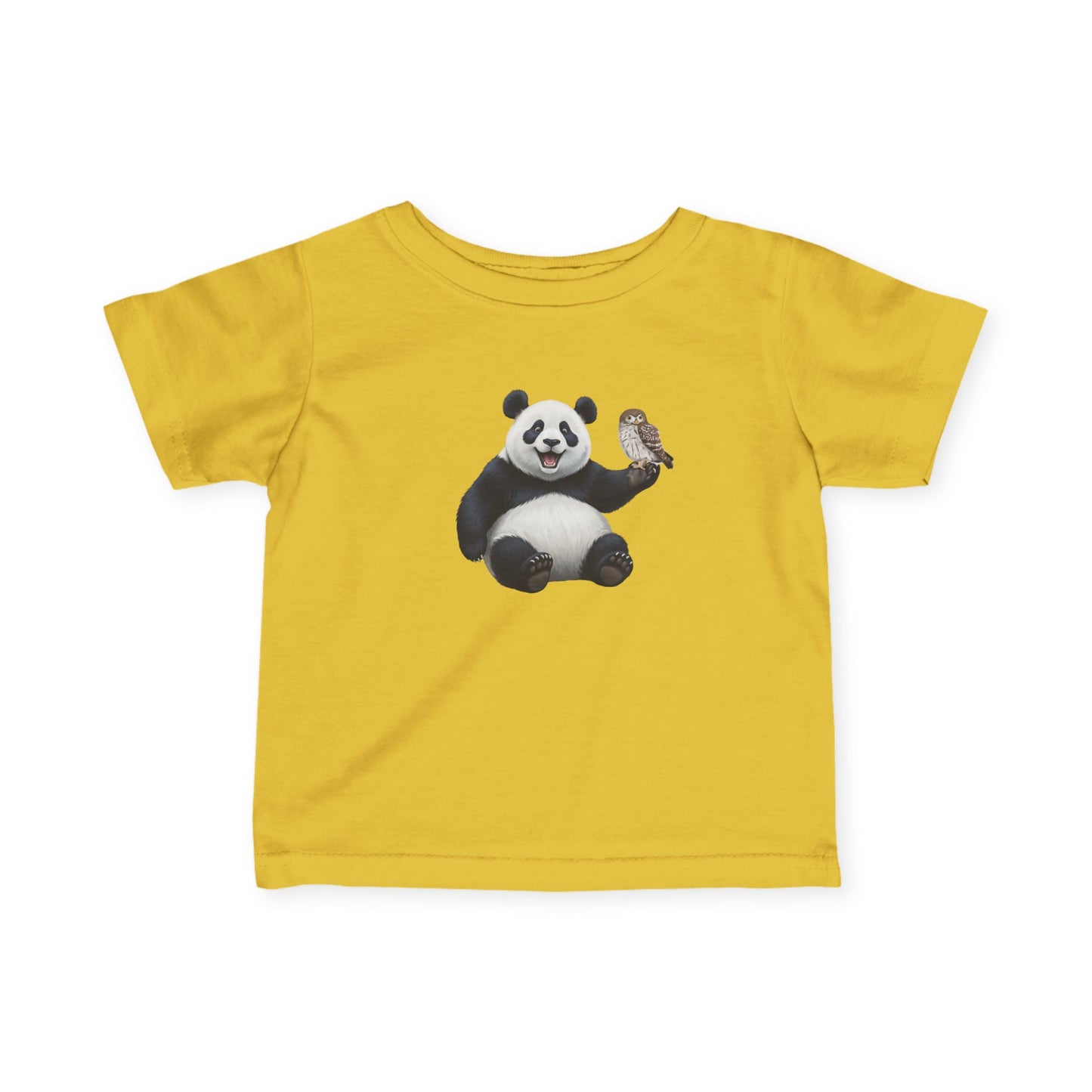 Fröhlicher Panda mit Eule Vogel Tiermotiv T-Shirt für Babys und Kleinkinder