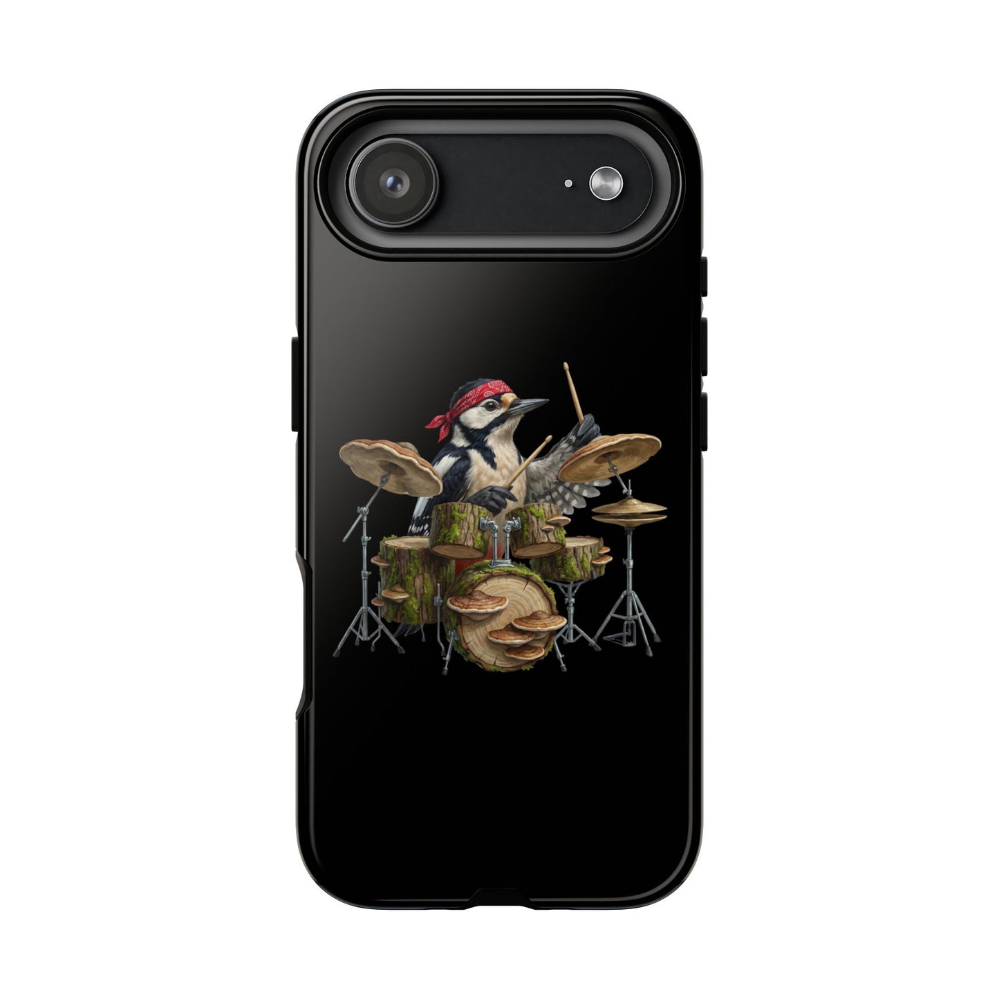 Specht am Schlagzeug Premium Handyhülle – Doppelt Geschützt & Rundum Bedruckt Schwarz
