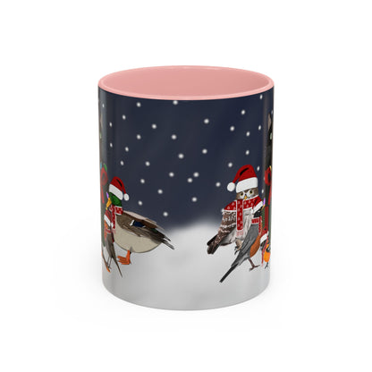 Robin Oriole Mallard Owl and Cat with Christmas Hat and Scarf Snow Bird Coffee Mug