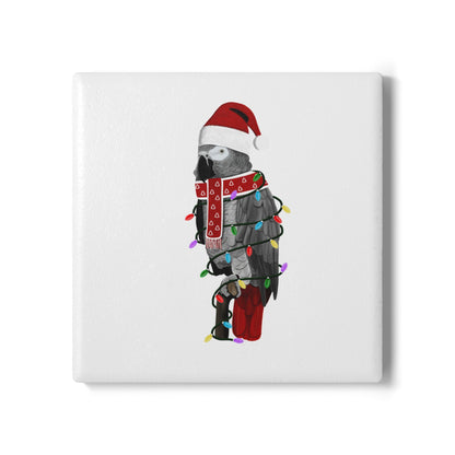 Keramik-Untersetzer Graupapagei als Weihnachtsmann mit Lichterkette Weihnachtliches Vogel-Motiv