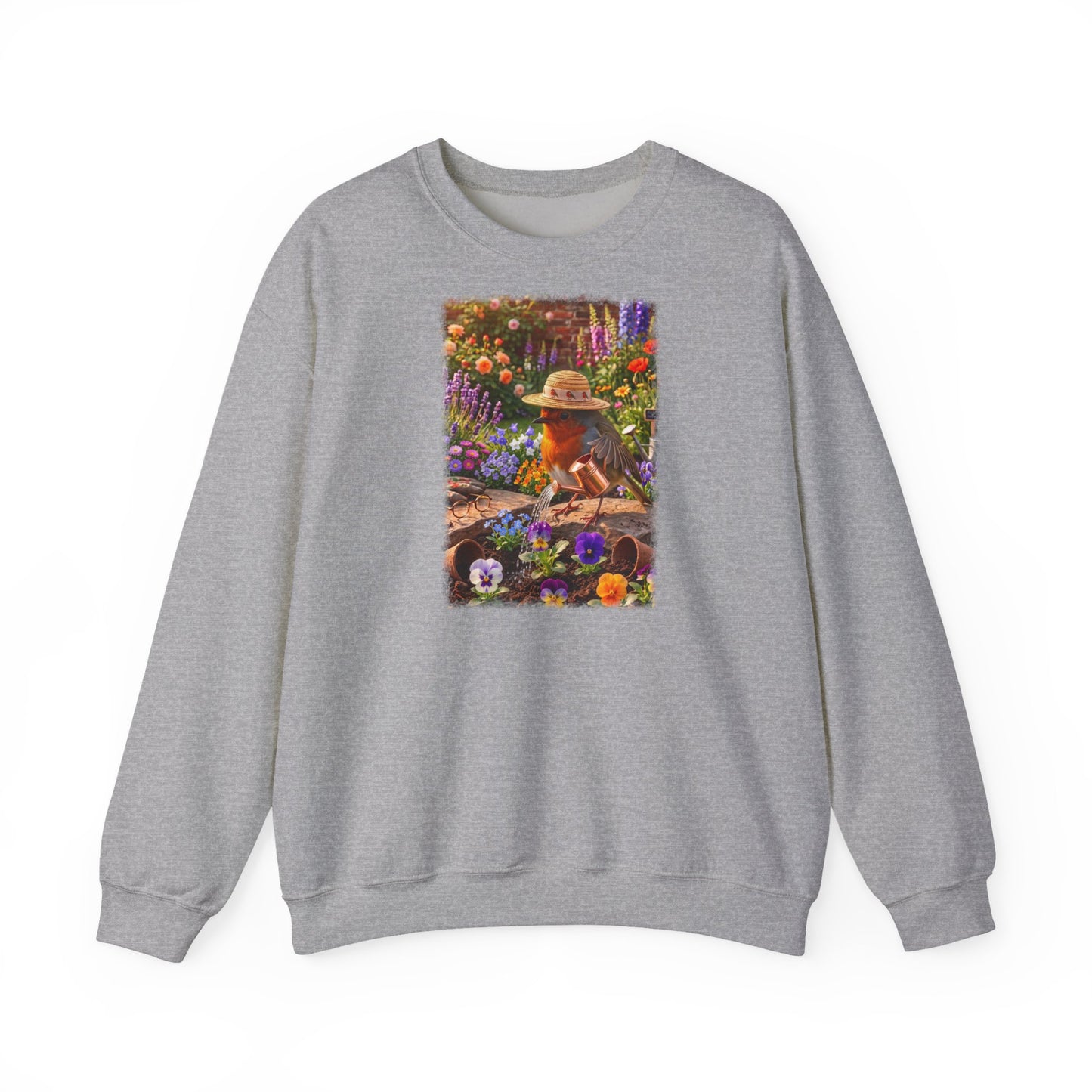 Niedliches Rotkehlchen Sweatshirt beim Blumen gießen | Gemütlicher Garten-Pullover