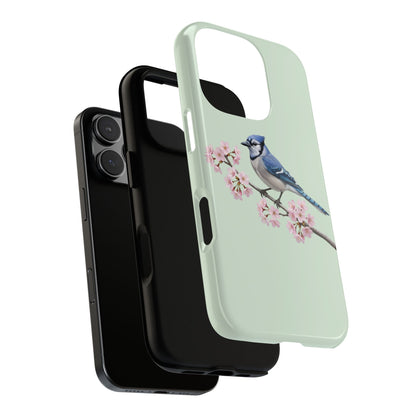 Blauhäher Handyhülle in Salbeigrün | Florales Kirschblüten Vogel-Motiv für iPhone & Google Pixel