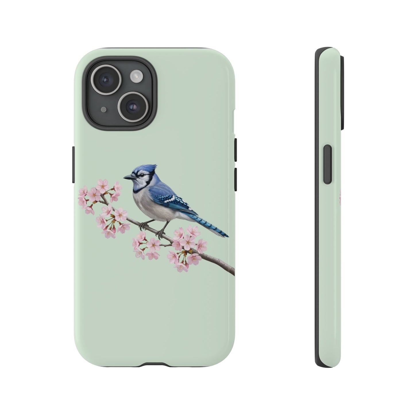 Blauhäher Handyhülle in Salbeigrün | Florales Kirschblüten Vogel-Motiv für iPhone & Google Pixel