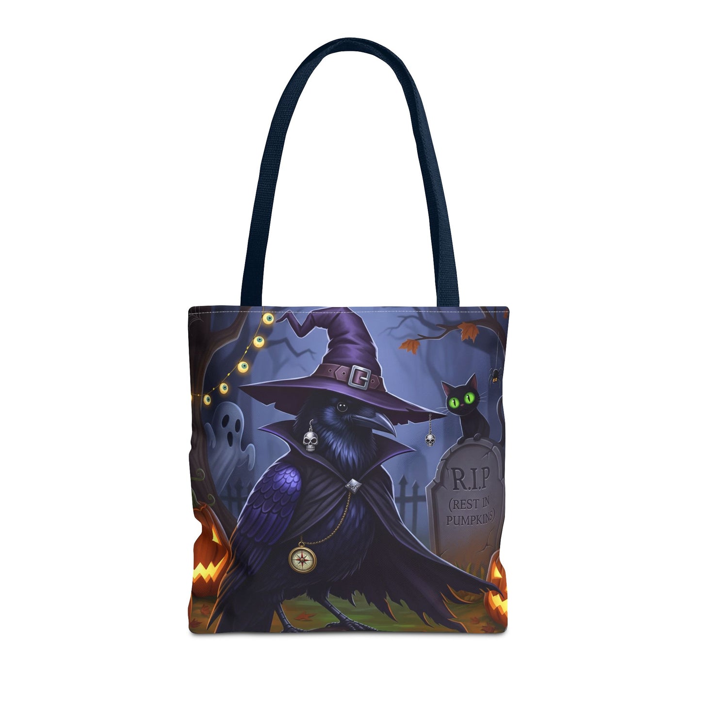 Halloween Crow Tote Bag: Purple Cape & Witch Hat | 16"x16" Polyester | Bird Decor Accessory