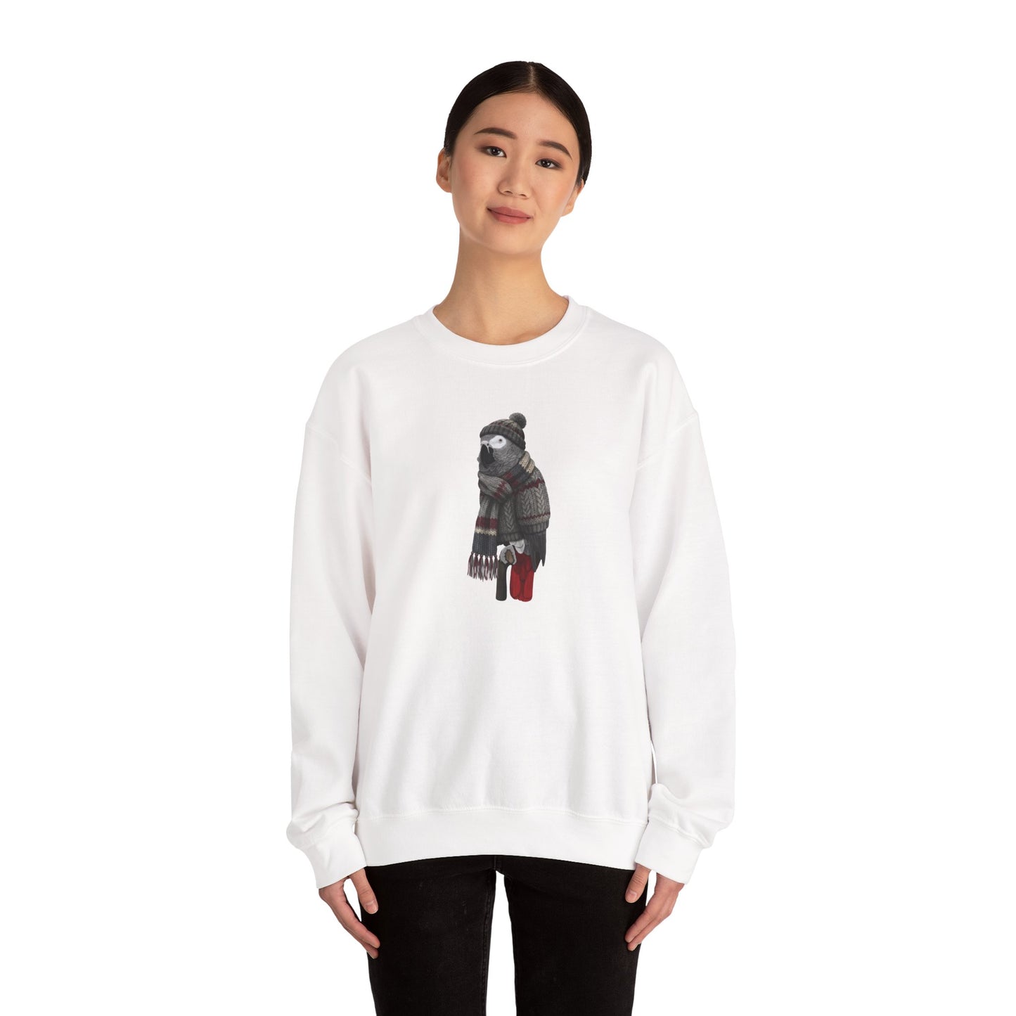 Grey Parrot Winter Sweatshirt | Bird Watcher Crewneck | Unisex Songbirds Wearing Knit Gift for Bird Lovers