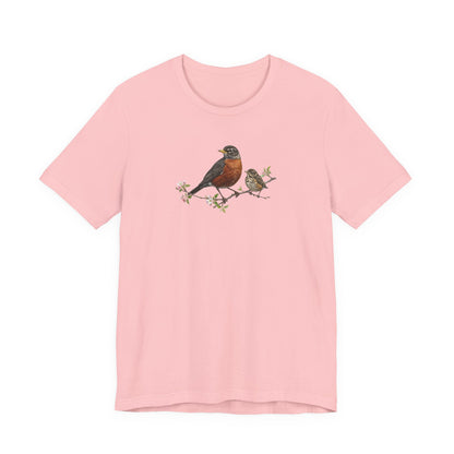 American Robin & Fledgling T-Shirt | Spring Blossoms Unisex Graphic Tee