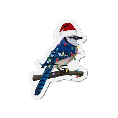 Blue Jay with Fairy Lights and Scarf Christmas Bird Magnet