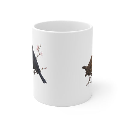 Amsel mit Ästling Premium Keramiktasse | Geschenk für Vogelbeobachter