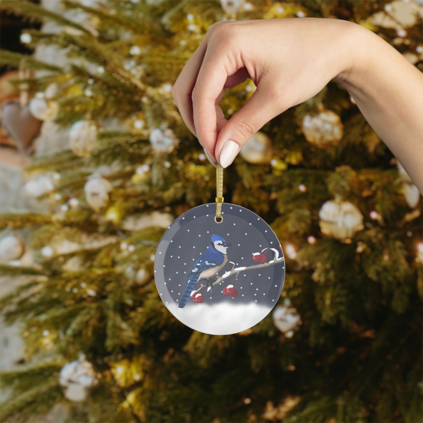 Blue Jay on a Winter Branch Christmas Bird Glass Ornament