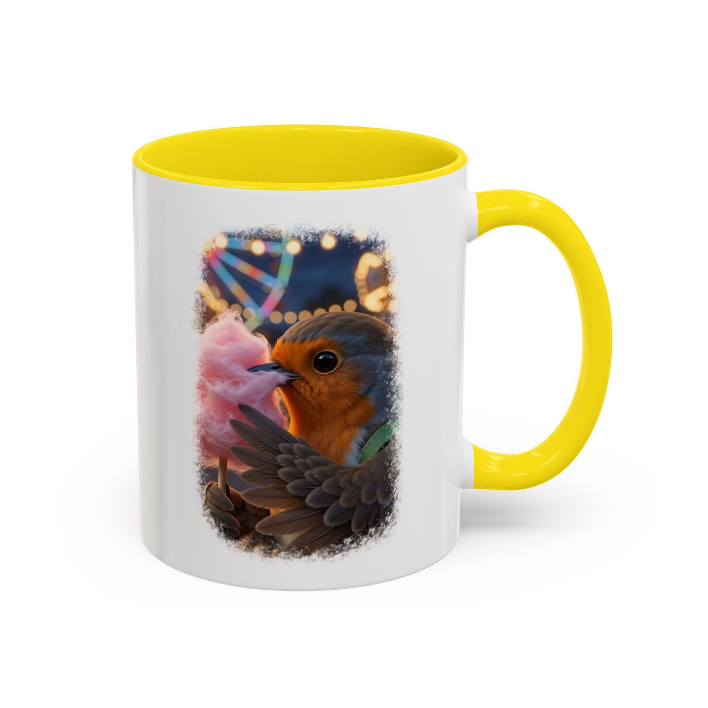 A white ceramic mug with a bright yellow interior and handle, featuring a printed graphic of a bird holding pink cotton candy on the front.