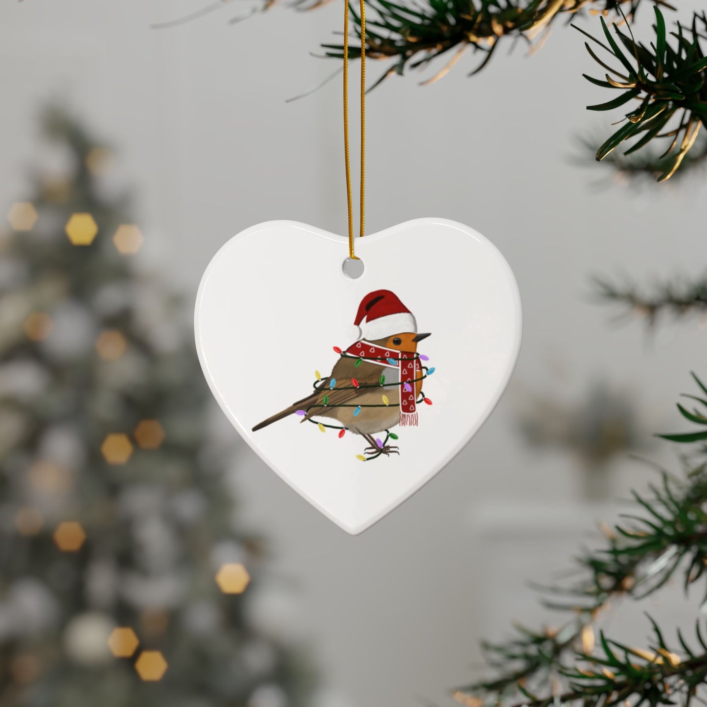 European Robin as Santa Ceramic Bird Christmas Ornament | Durable Double-Sided Bird Lover Decor
