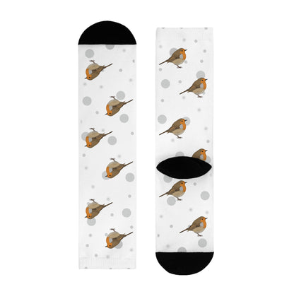 Rotkehlchen Socken Vogelsocken Weiß mit Grauen Punkten