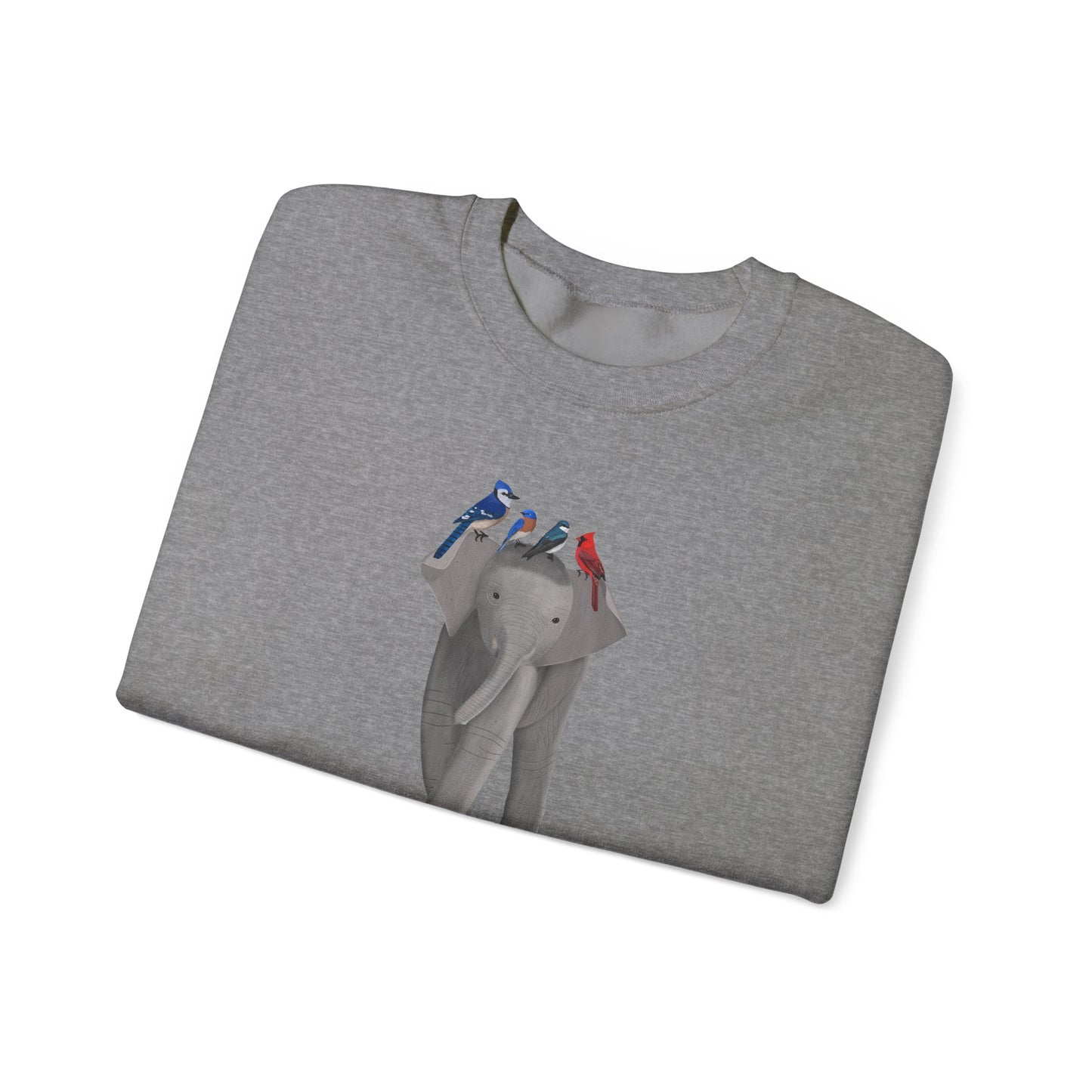 Elephant with Birds Cardinal Blue Jay Bluebird Tree Swallow Sweatshirt