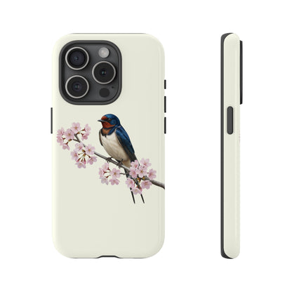 Rauchschwalbe Handyhülle in Cremeweiß | Florales Kirschblüten Vogel-Motiv für iPhone & Google Pixel