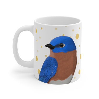 Bluebird Bird Ceramic Mug White Golden Dots 11oz