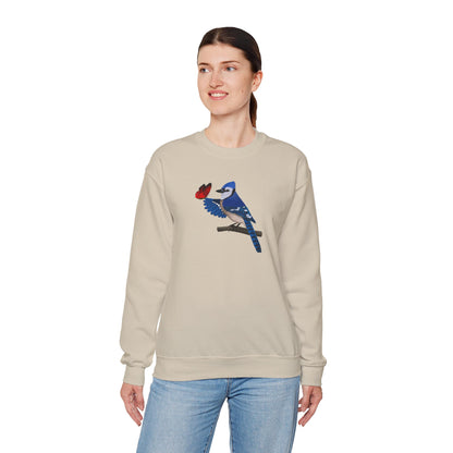 Blue Jay with Butterfly Bird Birding & Birdwatching Sweatshirt