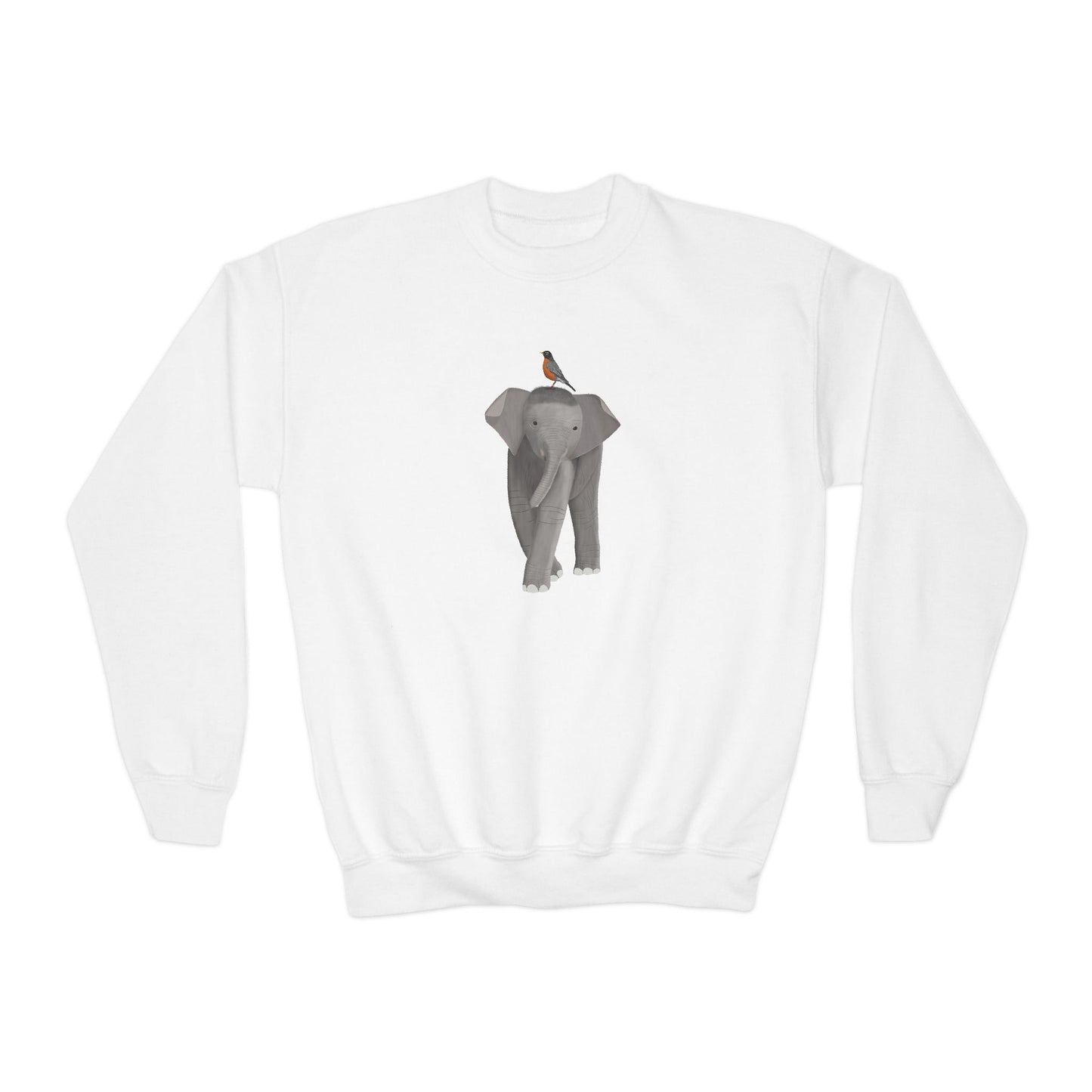 Elephant with American Robin Bird Youth Crewneck Sweatshirt